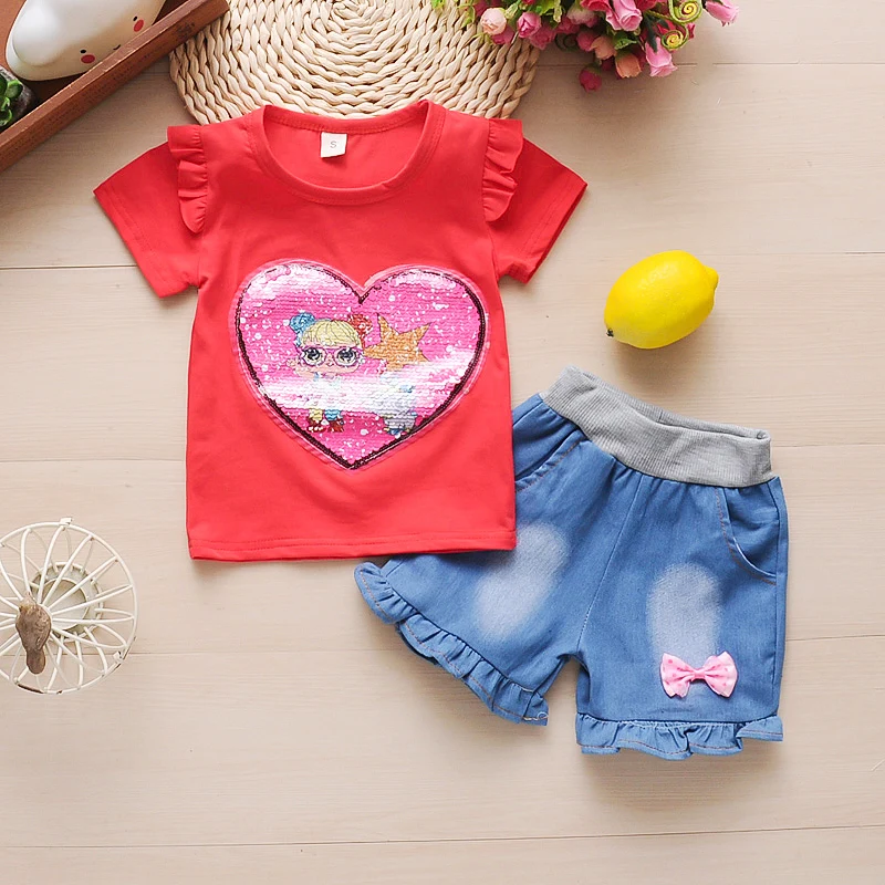 Kūdikių Mergaičių Drabužių Rinkiniai 2020 naujas vasaros Naujagimių Mergina Drabužius Gėlių Raudona marškinėliai + Mėlyna Gėlių Šortai Vaikams drabužių Komplektus