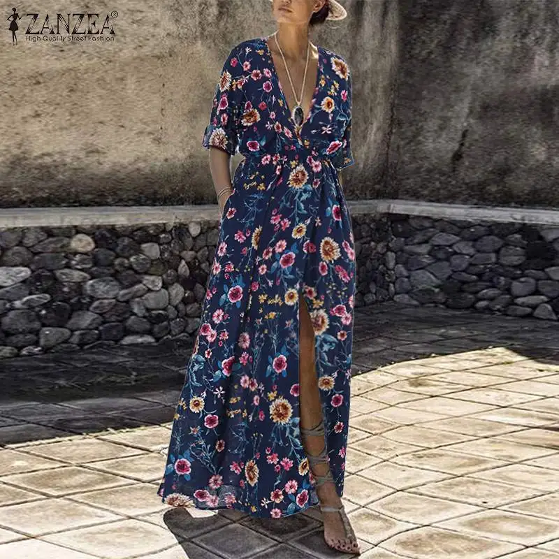 Bohemijos Spausdinti Maxi Suknelė Moterų Sundress 2021 ZANZEA Mados Vasaros Aukštos Padalinta Vestido Sexy V Kaklo Gėlių Skraiste Femme Plius Dydis