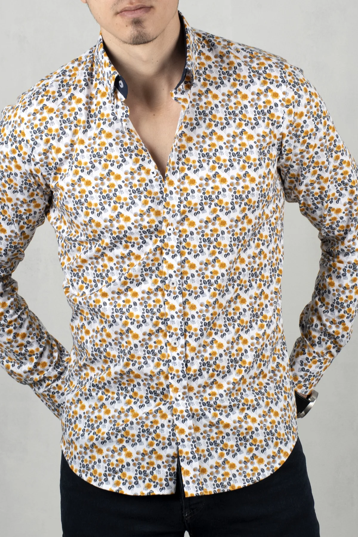 Giliavandenių Balta-Geltona Men 'S Shirt 100 Medvilnės Gėlių Modelio, Siauras Supjaustyti ilgomis Rankovėmis Pavasario Vasaros Atsitiktinis Šalies Balo verslo Biuro 2005200