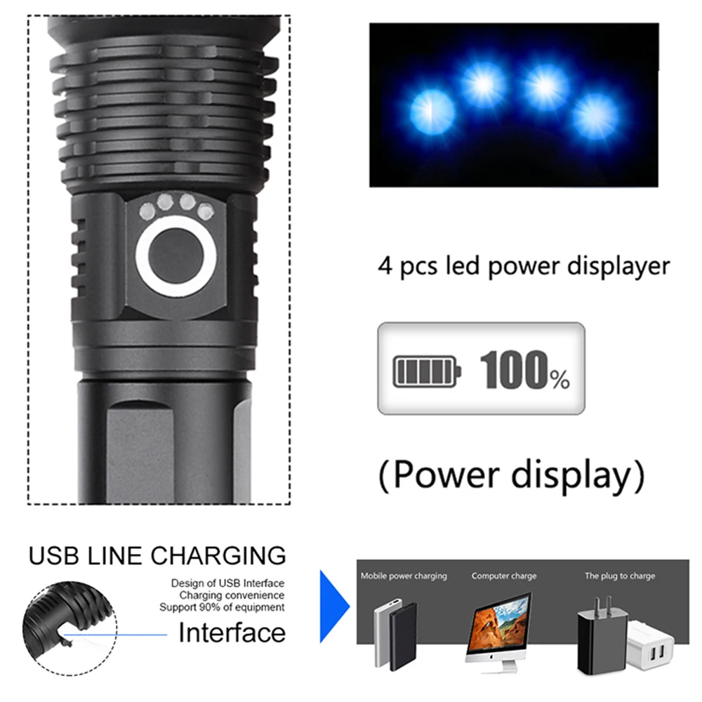 120000 Liumenų XHP50.2 Labiausiai Galingas LED Žibintuvėlis USB Įkrovimo Vandeniui Zoom Fakelas xhp50 18650 arba 26650 baterija Kempingas
