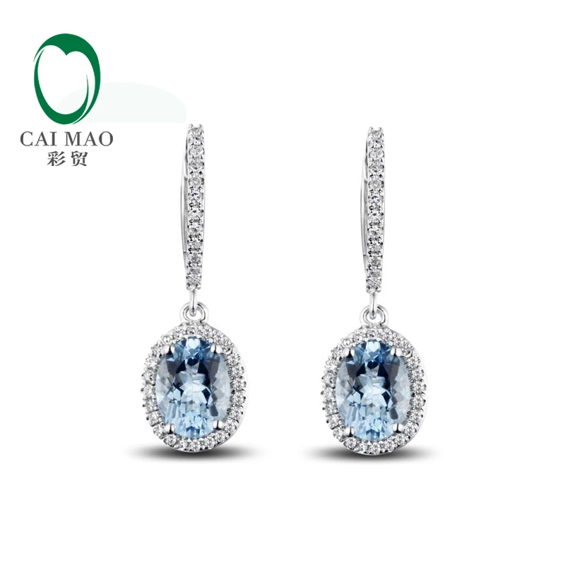 Caimao Papuošalai Klasikinis 14 KARATŲ Balto Aukso Mėlyna Aquamorine & Diamond Vestuvių Auskarai