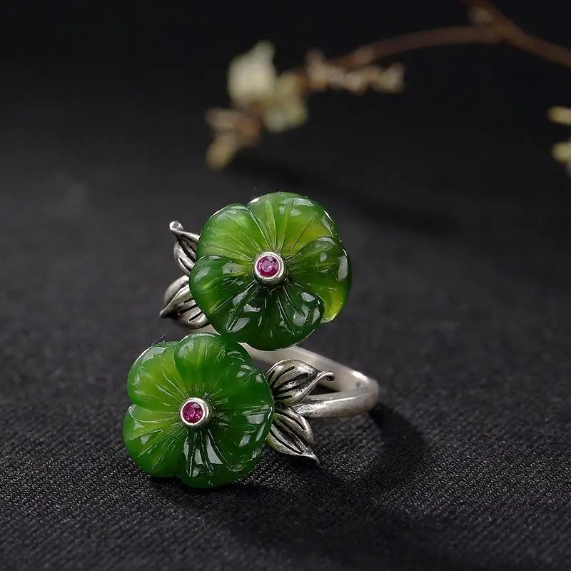 Naujas Originalus Sidabro Inkrustacijos Gamtos Hetian Jade Dukart vadovavo Slyvų Žiedų Retro Stiliaus Kinijos Atidarykite Reguliuojamas Moterų Žiedas