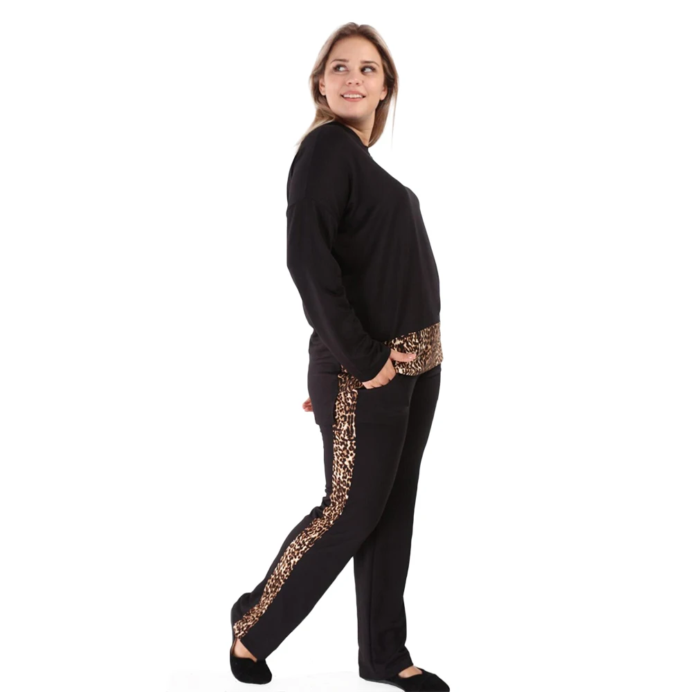 Hanezza Plius Dydis Moterų Leopard Sekti Pavyzdžiu Nustatyti 2 Gabalas Sweatsuits Bėgimo Marškinėlius & Sweatpants Sporto Dėvėti Drabužiai