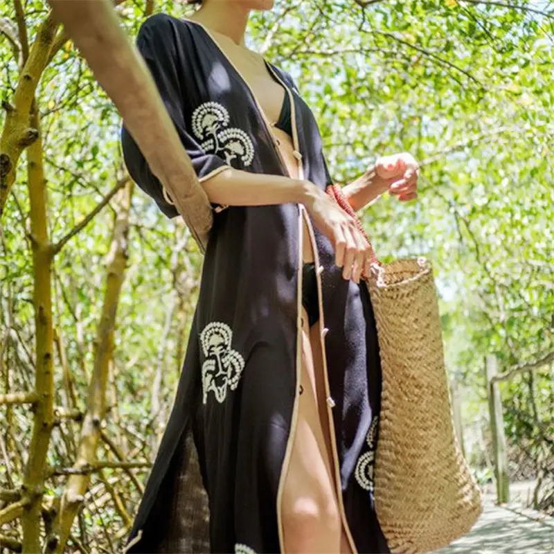 2021 Juoda Bohemijos Spausdinti Mygtuką Priekyje Atidaryti Vasaros Tiesi Suknelė Plius Dydis Moterų Medvilnės Paplūdimio Elegantiškas Midi Suknelė N1002
