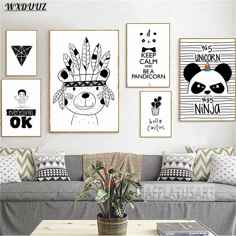 Indijos Panda Bear Šiaurės Juoda Balta Tapybos Namų Meno Dekoro Nuotraukos Kokybės Drobė Plakatas, Vaikų Kambarys Gyvenimo Sofa-Lova, Sienų Dekoras
