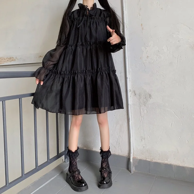 Rudenį, Pavasarį Japonijos Saldus Lolita Dress Moterų Raukiniai Balta Juoda Pasakų Šalis Suknelė Gotikos Blyksnius Rankovės Princesė Pakopų Suknelė