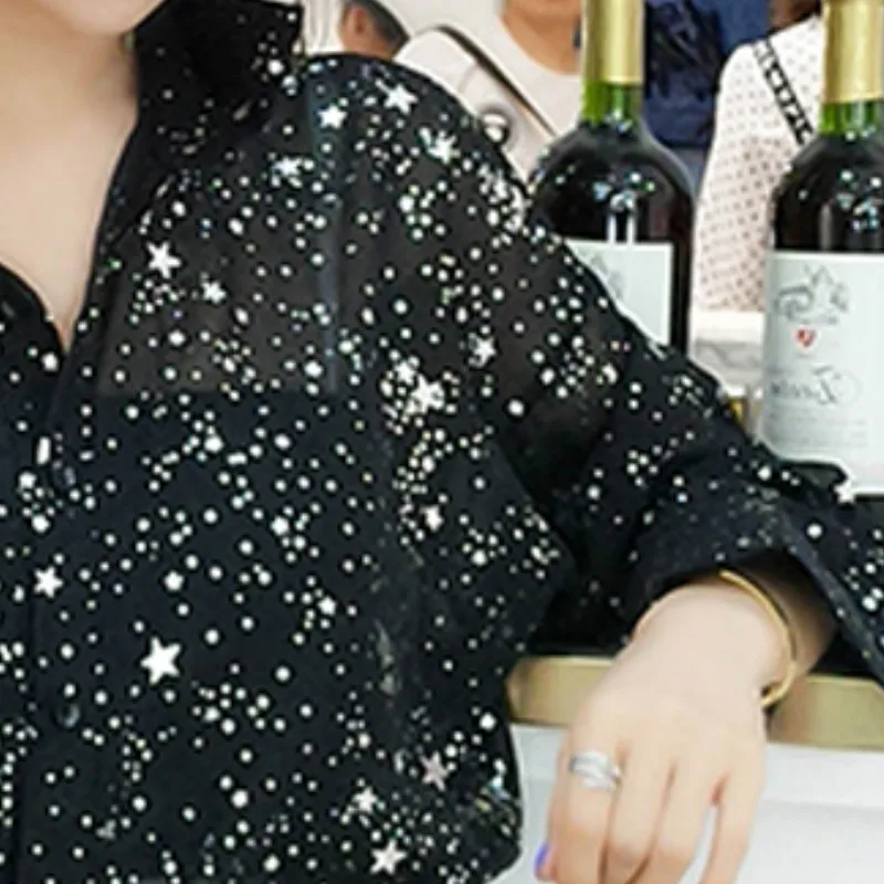 Moteris ilgomis rankovėmis Žvaigždžių Įdegio Marškinėliai Šifono Blizgančiais Palaidinės Prarasti Perspektyvos OLIS Cardigan Laukinių Single-breasted Žvaigždės Viršūnės