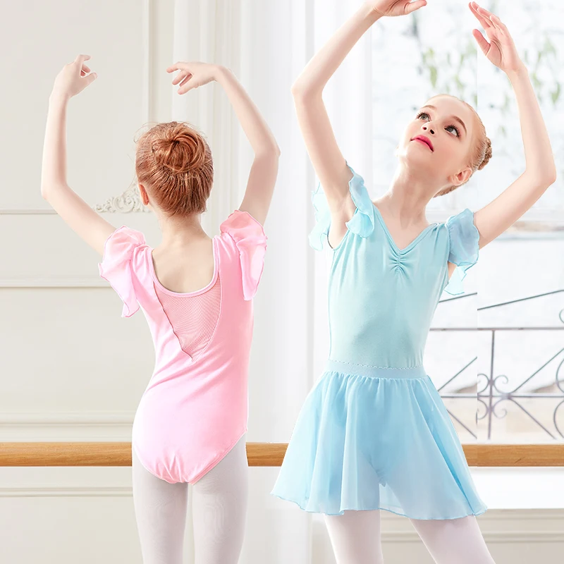 Mergaites, Vaikai, Baleto Triko Rožinė Mėlyna Gimnastikos Triko Bamblys Šokių Suknelė Minkštas Šokių drabužiai su Šifono Sijonas