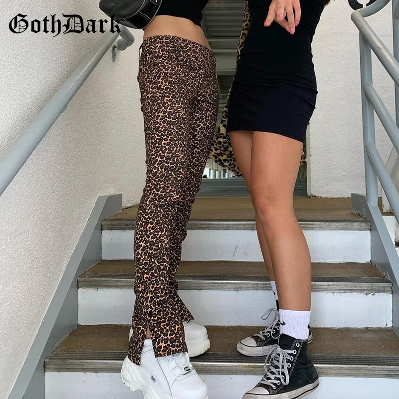 Goth Tamsiai Y2K Karšto Leopardas Spausdinimo E-Girl Tiesios Kelnės Gotikos Aukšto Juosmens Plyšine Hem Slim Moterų Kelnes Derliaus Streetwear Rudenį