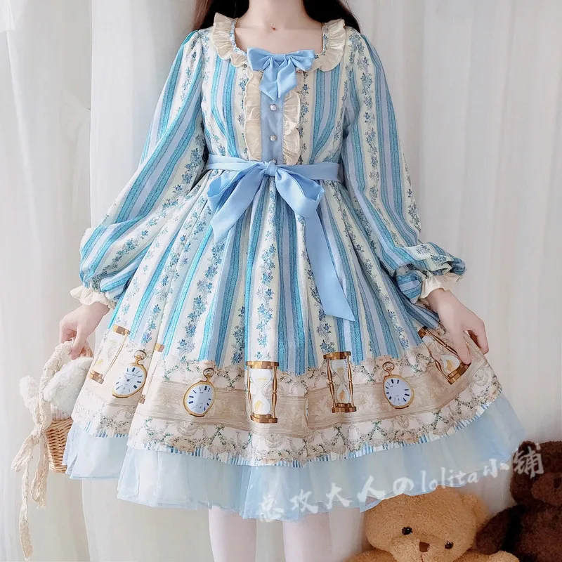 Japonijos saldus lolita dress senovinių nėrinių bowknot mielas spausdinimo viktorijos suknelė kawaii girl gothic lolita jsk/op princesė loli