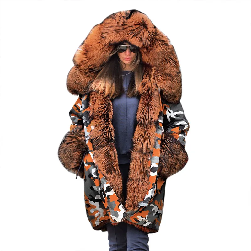 Moterų parko striukė žiemos naujas ilgas kailis plius dydis kamufliažas šuo-striukės su Kailio apykakle Su bžūp 2020 nauji moteriški švarkai