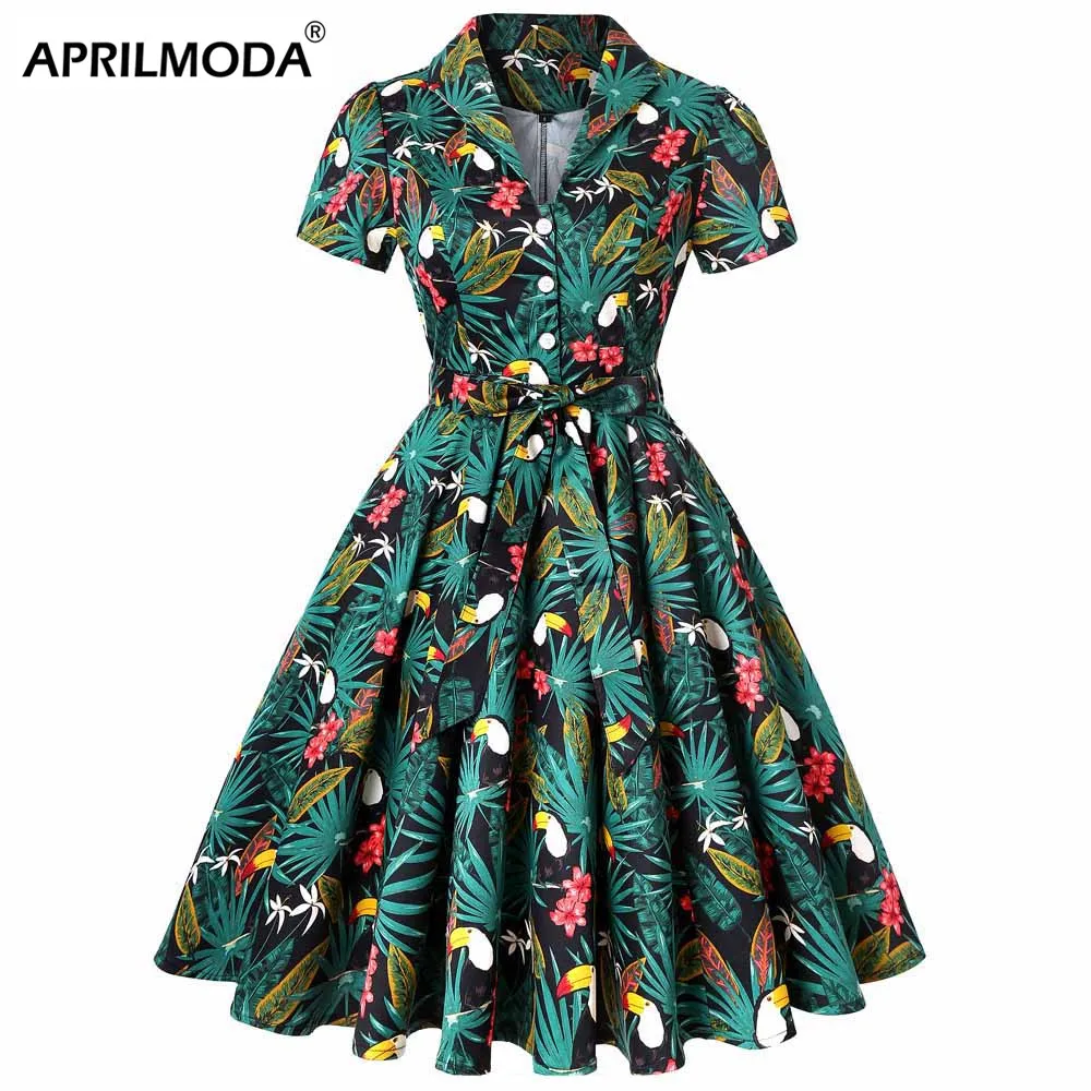 Papūga Gyvūnų Spausdinti Plius Dydis Moterų Vintage Suknelė Žalia Šviesą Pin UP Atsitiktinis Sundress Šaliai, Skraistės, Rockabilly 60s Sūpynės Suknelės