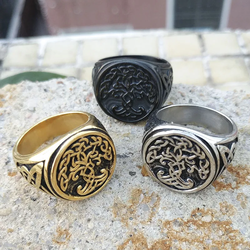 Viking Gyvybės Medžio Žiedai Yggdrasil Celtics Knotwork Aukso Žiedas Vyrams iš Nerūdijančio Plieno Skandinavų Amuletas Žiedas Juvelyriniai dirbiniai