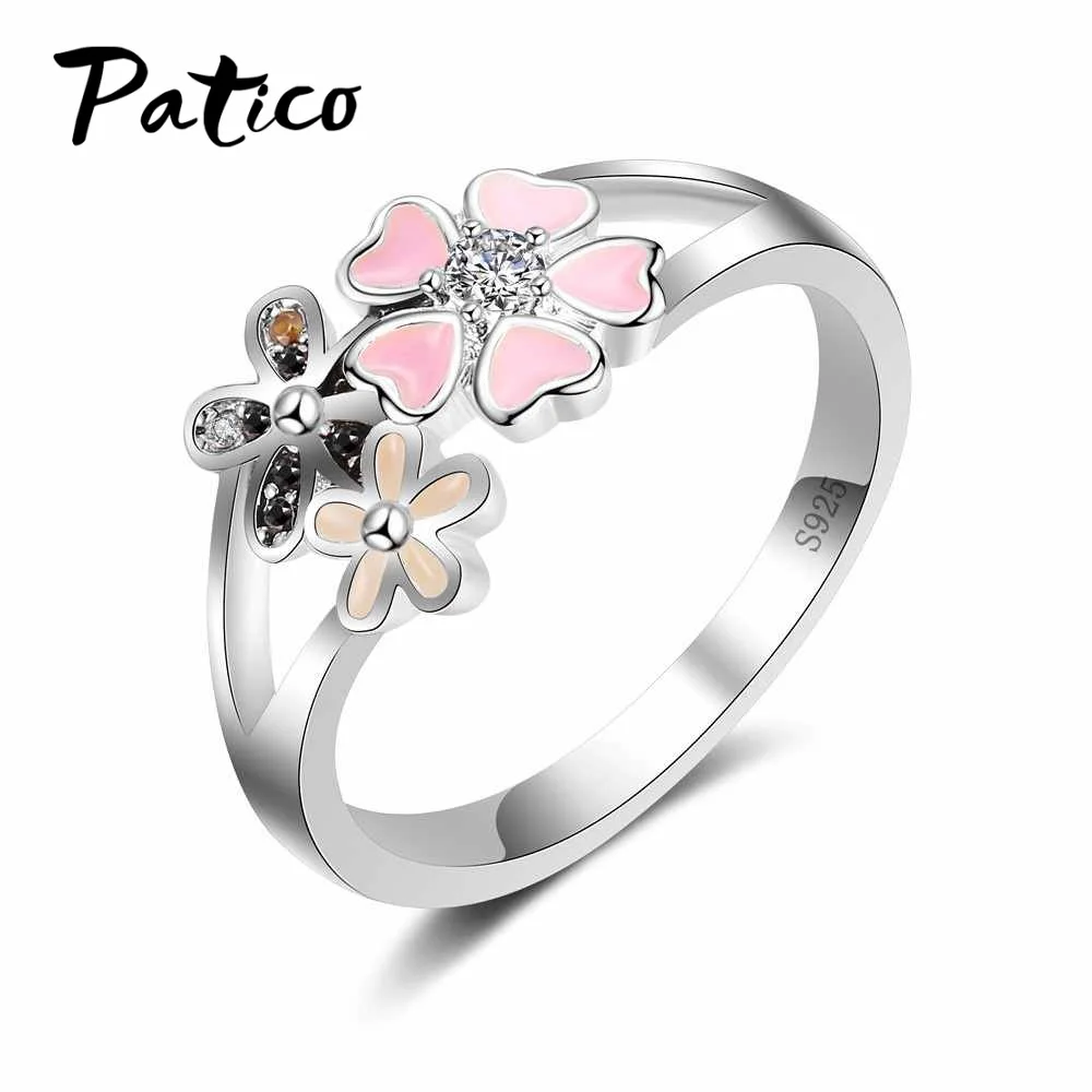 925 Sterling Silver Pink Gėlių Poetinės Daisy Cherry Blossom Piršto Žiedą, Moterims, Sužadėtuvių, Vestuvių Mados, Papuošalai