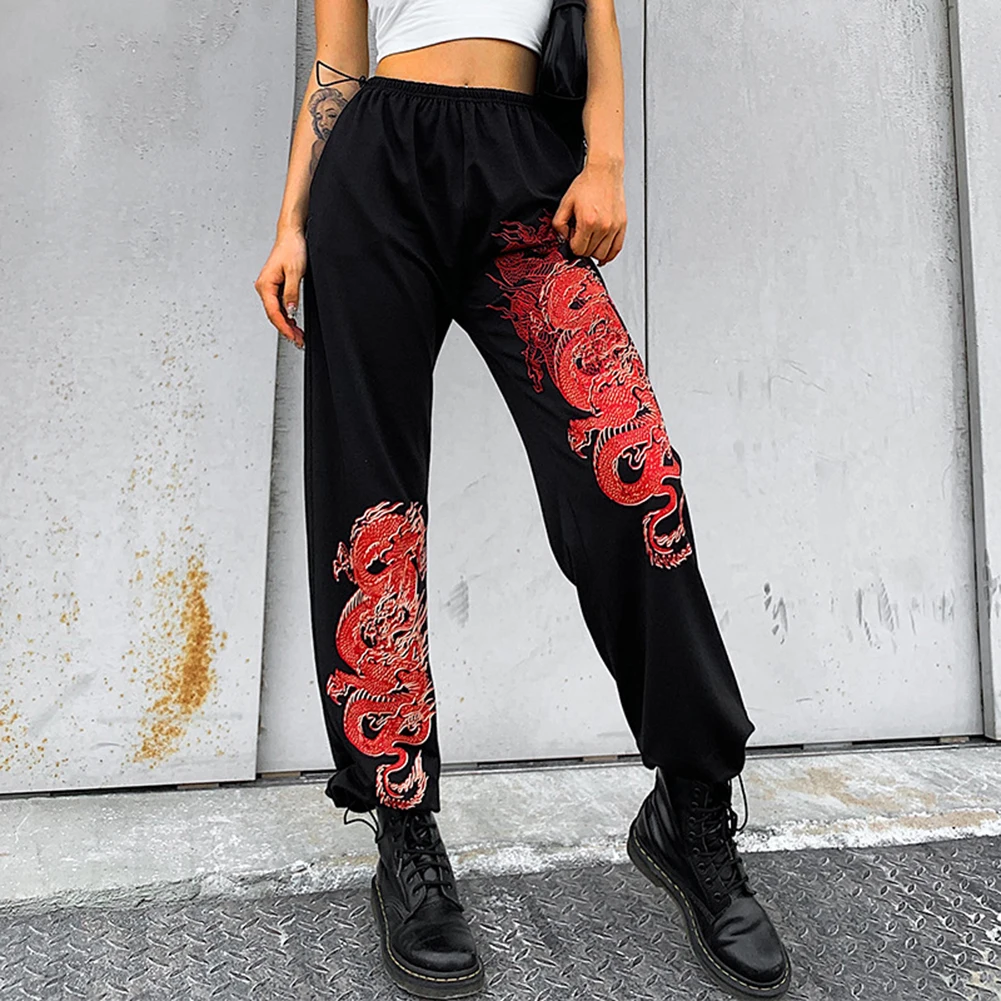 Streetwear Dragon Spausdinti Prarasti Sweatpants Moterims, Kelnės, Raišteliu Hip-Hop Aukšto Juosmens estetinės Kelnes poilsiu moterų bėgimas Naujas