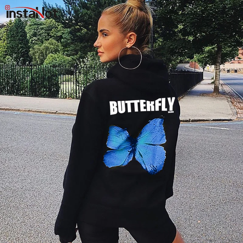InstaHot medvilnės negabaritinių gobtuvu palaidinukė moterų žiemos drugelis spausdinti atsitiktinis raidžių juoda balta hoodies 2020 streetwear viršūnės