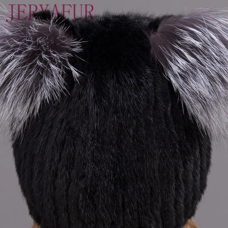 JERYAFUR Nekilnojamojo audinės kailio kepurę moterims žiemos audinės kailio kepurė su vertikalios audimo mielas kepurės su kačių ausų ir lapės kailiniai
