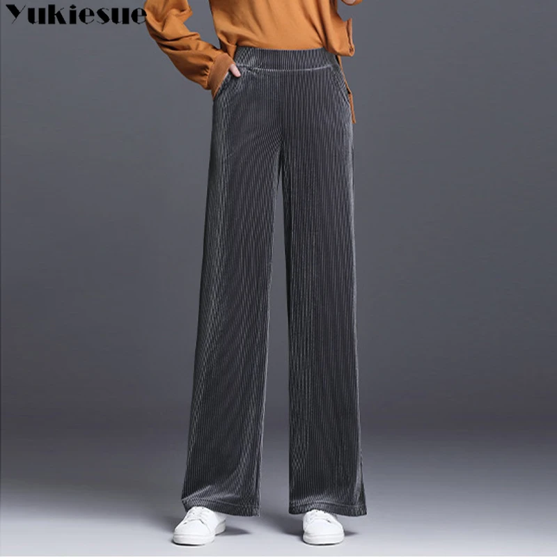 Velvetas streetwear rudens dryžuotieji moterų kelnės moteriška didelio juosmens pločio kojų kelnės capris moterims, kelnės moteriai, Plius dydis