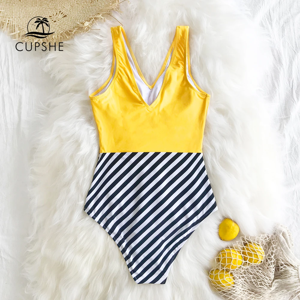 CUPSHE Geltonos ir Dryžuotos Kratinys vientisas maudymosi kostiumas Seksualus V-kaklo Moterų Monokini 2021 Merginų Paplūdimio Maudymosi Kostiumai, maudymosi Kostiumėliai,