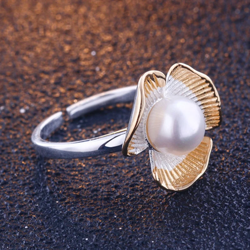 Nekilnojamojo 925 Sterlingas sidabro Natūralių gėlavandenių perlų gėlių žiedai moterų, Mergaičių, šaliai, papuošalai, Elegantiškas ir Paprastas S925 Sidabro žiedas