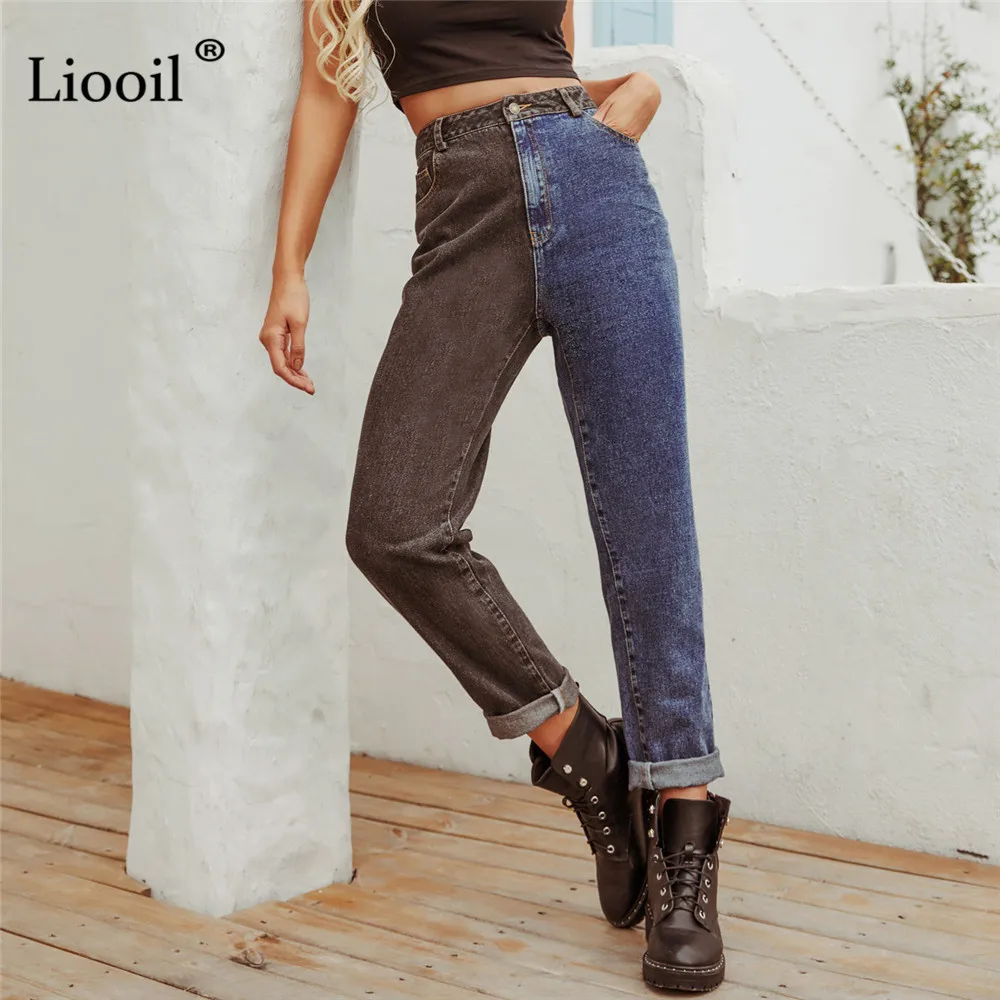 Liooil Spalvos Bloką Seksualus Aukštos Juosmens, Tiesios Kojos Džinsai Su Kišenėmis 2020 Streetwear Ponios Kelnės Atsitiktinis Palaidų Denim Jean Kelnės
