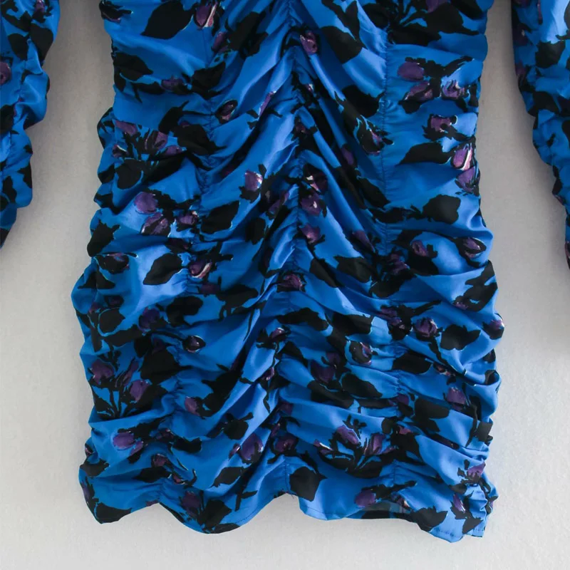 Za Vasaros Ruched Dress Moterų Mėlyna Spausdinti Puoštas Sukneles O-kaklo Plisuotos Elastinga Juosmens Mini Moters Suknelė ilgomis Rankovėmis su Užtrauktuku