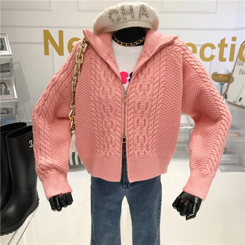 Retro twist Megztinis aukšta apykakle paltas Moterų 2020 m. žiemos Mados Naujų Purus ir storas šiltas užtrauktuku megztas megztinis