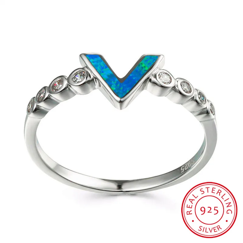 Mielas Moterų Mėlyna Balta Ugnies Opalas Žiedas Minimalistinio 925 Sterlingas Sidabro V Raidę Vestuvinį Žiedą Žada Sužadėtuvių Žiedai Moterims