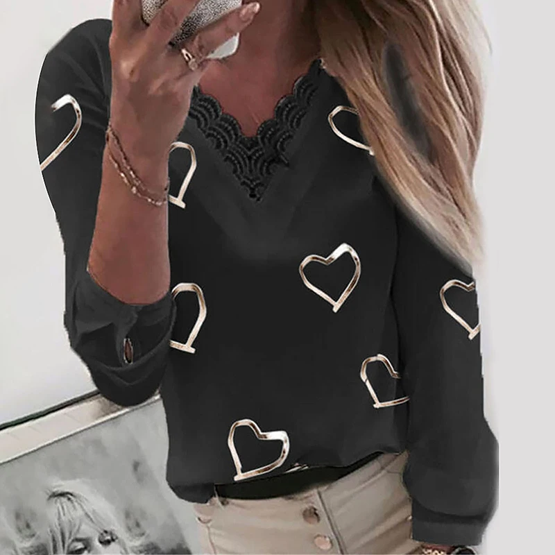 2021 M. Pavasarį Elegantiškas Širdies Spausdinti V-Kaklo, Palaidinės, Marškinėliai Moterims Atsitiktinis Ilgomis Rankovėmis Mygtuką Puloveris Viršūnes Sexy Nėrinių Blusa Streetwear
