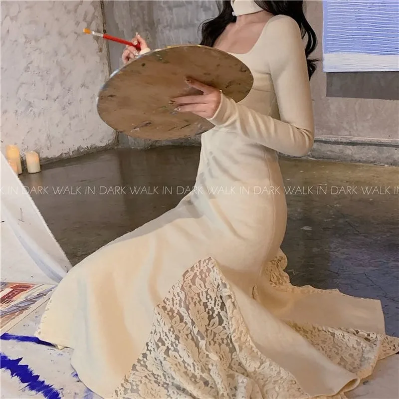 Kietojo Derliaus Megzti Suknelę Moterų Žiemos Kratinys Elegantiškas Tuščiaviduriai Iš Slim Midi Suknelė Moterų Korėjos Prašmatnus Žiemos Dress Moterų 2020 M.