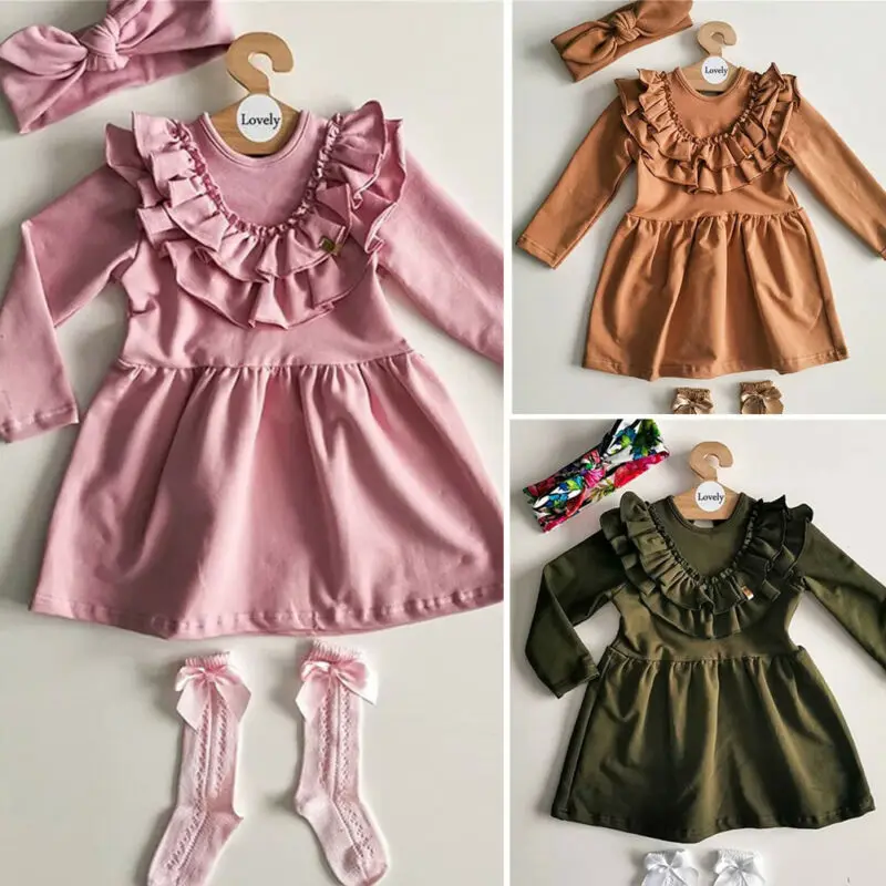 Mielas Pyplys Baby Girl Dress Komplektus Drabužių Kietas Pynimas Atsitiktinis Šalies ilgomis Rankovėmis O-kaklo Tutu Sukneles Su Lankelis