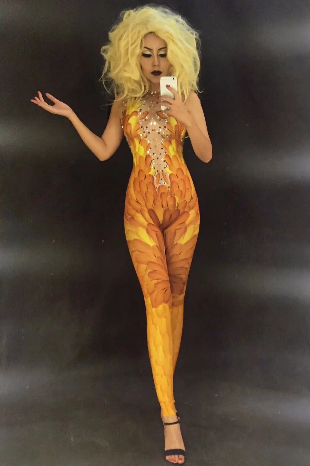 Karšto Pardavimo Moterų Geltona Plunksna Blizgančių kalnų krištolas 3D Atspausdintas Seksualus Etape Jumpsuit naktiniame klube Dainininkė Vykdymo Etapą Dėvėti