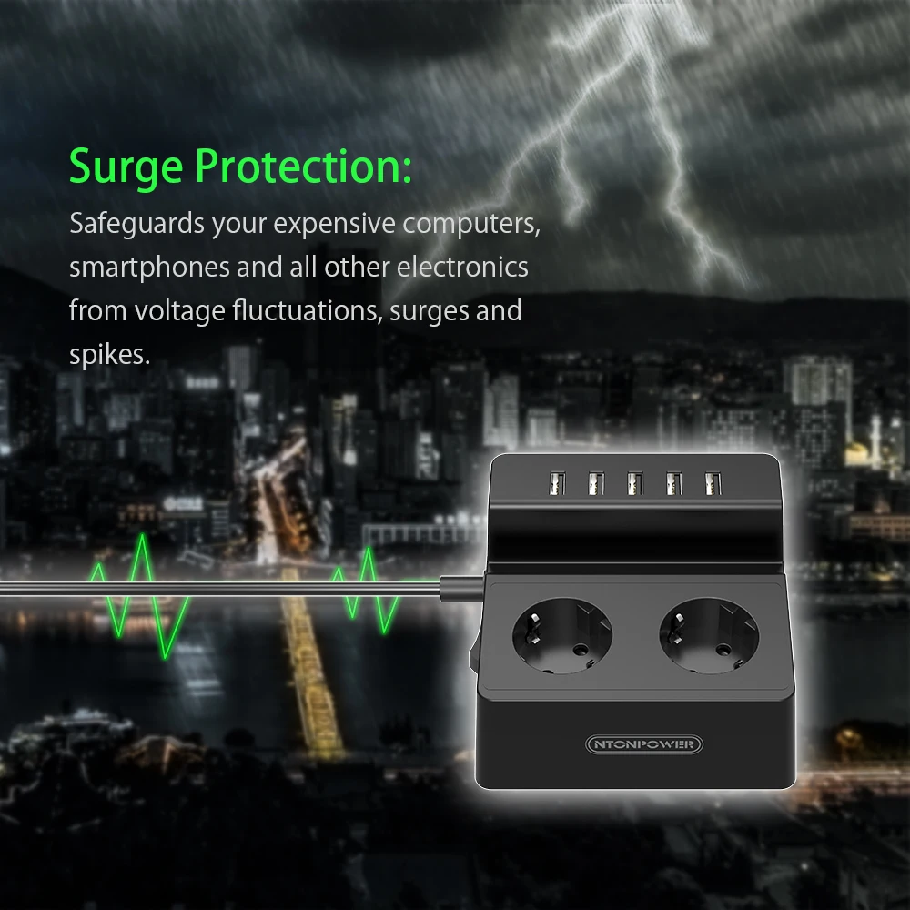 NTONPOWER ES Prijunkite Maitinimo Lizdas 2 AC Realizavimo Išplėtimą su 5 USB Įkroviklis Surge Protector 1,5 M