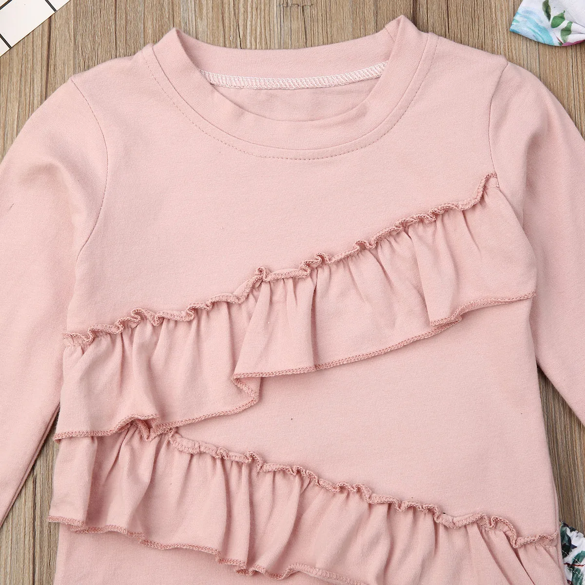 3PCS Bamblys Baby Girl 1T-6T Rudens Drabužių Rinkinius, Rausvos spalvos, ilgomis Rankovėmis Pynimas Viršūnės T-shirt + Gėlių Kelnes Lankelis