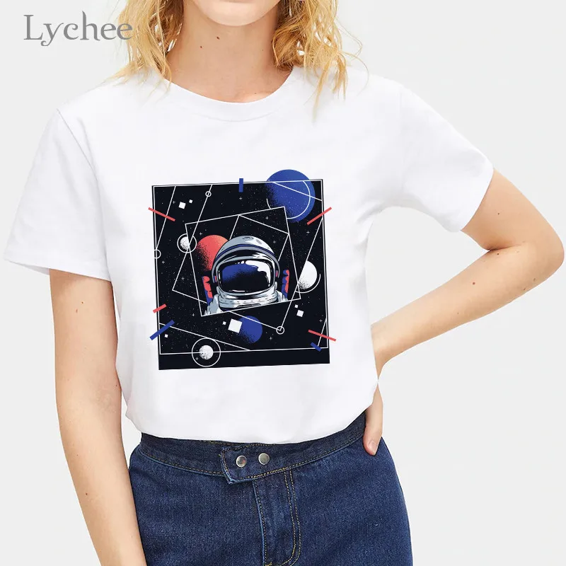 Ličiai Harajuku Astronautai Spausdinti Moterų Marškinėliai Tee Atsitiktinis Įgulos Kaklo Moterų Puloveriai Tees Trumpomis Rankovėmis Vasarą Lady T Marškinėliai Topai
