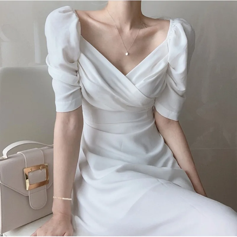 Elegantiškos prancūzų Stiliaus V-Kaklo Sluoksniuotos Rankovėmis Office Lady Suknelė Moterų Nėriniai-up Šifono-Line Suknelė Moterų Elegantiškas Plonas Juosmens Vasaros Suknelė