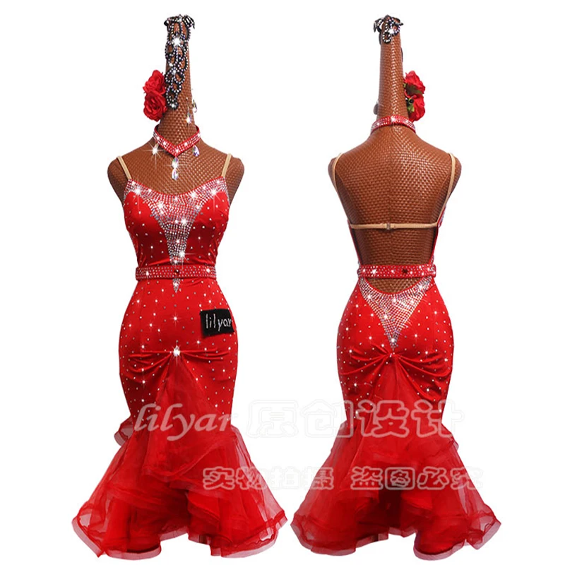Naujas lotynų Šokių Suknelė lotynų Sijonas Konkurencijos Dress Kostiumai, Atliekanti Suknelė Blizgančių Cirkonio Raudona Fishbone sijonas Užsakymą