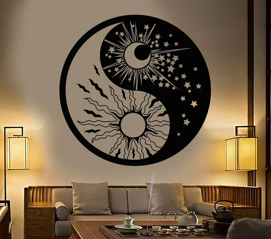 Vinilo sienos lipdukai namų svetainė, miegamasis apdailos yin ir yang simbolis sun moon budistų žvaigždžių dienos ir nakties lipdukas muralXL24