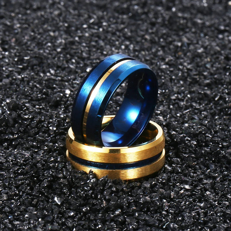 Nerūdijančio Plieno Žiedai Vyrams Gold Blue Groove Mens Vestuvių Juostoje Žiedas Matinis Mados Vyrų Papuošalai Dovanos Dropshipping 8mm LKRM46