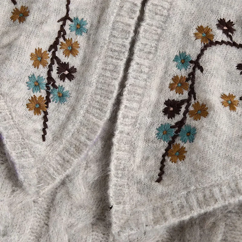 Moterys Naujas Retro Saldus Gėlių Siuvinėjimas Atvartas Megztinis Moteriška Paprastumo Ilgomis Rankovėmis Megztinis Elegantiškos Viršų