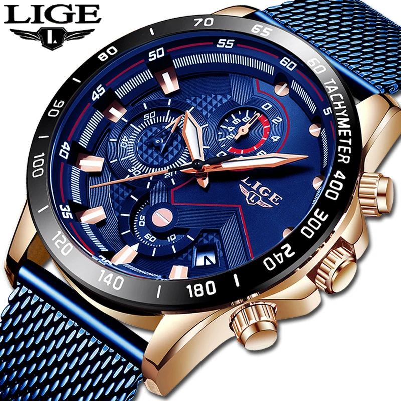 Vyrų Laikrodžiai LIGE Top Brand Prabanga Chronograph Sporto Kvarciniai Laikrodžių Vyrams, Atsitiktinis Full Steel Laikrodis atsparus Vandeniui Relogio Masculino