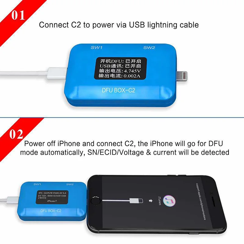 JC DFU BOX-C2 4 in 1 Telefonų Atkurti Programuotojas Vieną Mygtuką, Įkrovos Kontrolės linija SN/ECID Reader USB Srovės/Įtampos Detektorius JC C2