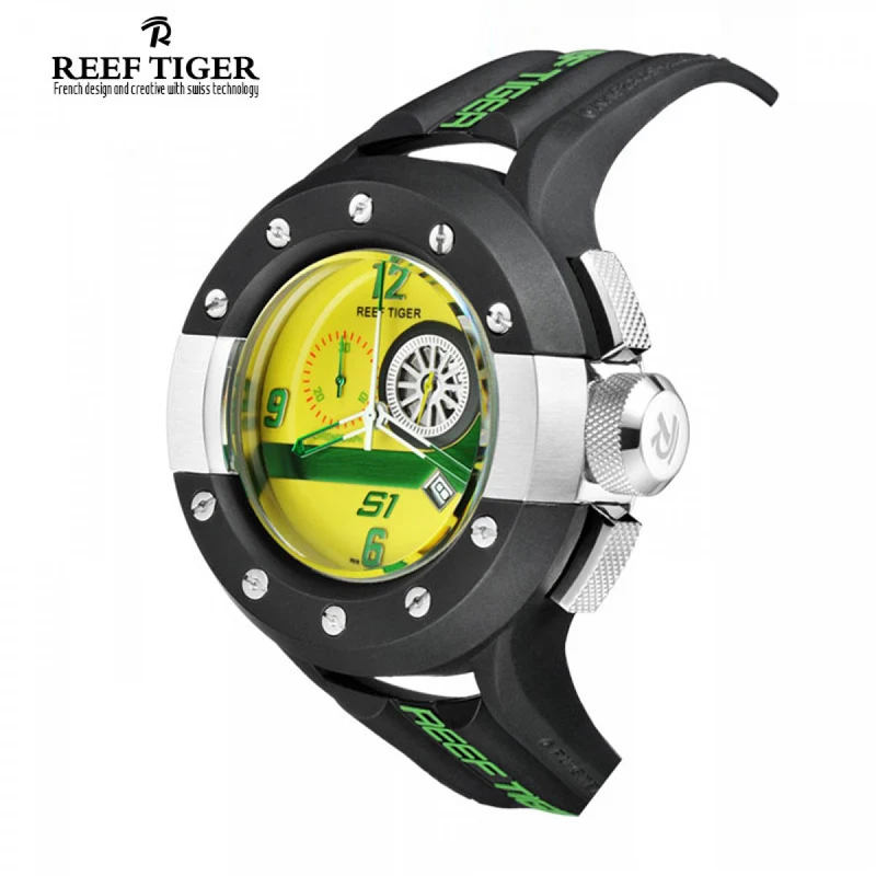 Rifas Tigras/RT Chronograph Mens Sporto Laikrodžiai prietaisų Skydelio Ciferblatas Žiūrėti su Kvarco Judėjimas, Data Sustoti Žiūrėti Žalia Geltona RGA3027