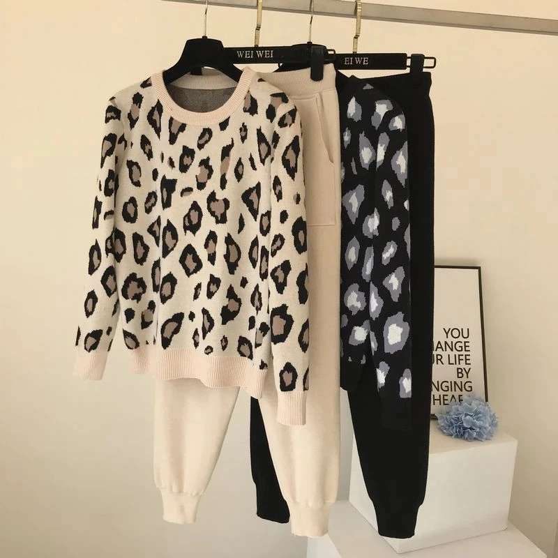 2020 M. Rudenį Moterų Megzti Sportiniai Kostiumai Leopard Pullover Sweater + Kišenėje Kulkšnies Ilgio Kelnės Comfortanble Homewear Dviejų Dalių Komplektas
