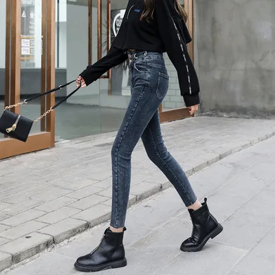 4XL dydžio moteriški džinsai 2020 m. rudenį naujų stiliaus korėjos dvieiliai aukšto juosmens ištempti visų rungtynių pieštuku kelnes koja kelnės