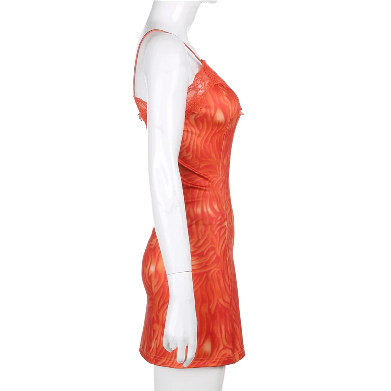Waatfaak Seksualus Šalis Mini Suknelė Nėrinių Kratinys Aukšto Juosmens Orange Sundress Moterų Klubo V Kaklo Sudurti Hem Y2K Suknelė Slydimo Ponios 2020 m.