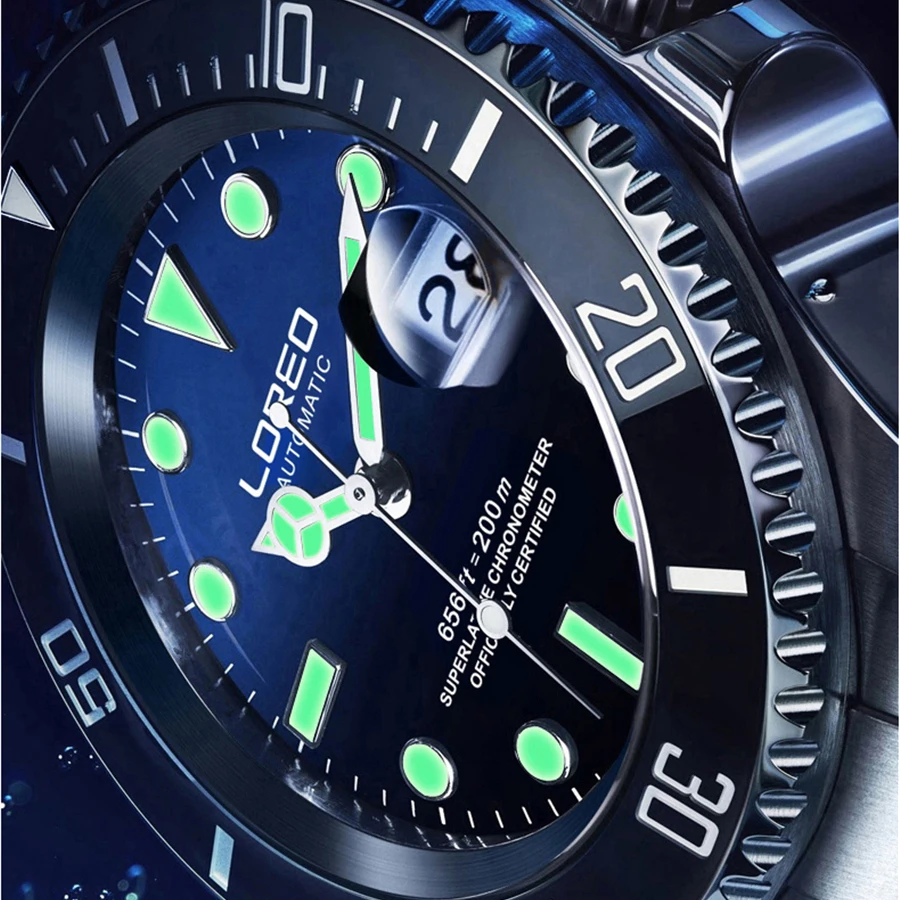 LOREO Prekės ženklo Vandens Dvasios Serija Classic Green Dial Prabangių Vyrų Automatinis Laikrodžiai, Nerūdijančio Plieno, 200m Vandeniui Mechaninė Žiūrėti