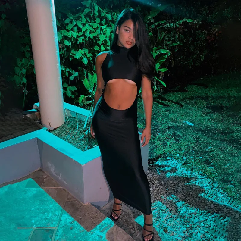 ANJAMANOR Sexy Black Maxi Suknelės Moterims Šalis Naktinis Klubas Dėvėti Tuščiaviduriai Iš Golfo Rankovių Bodycon Ilga Suknelė D85-BE23
