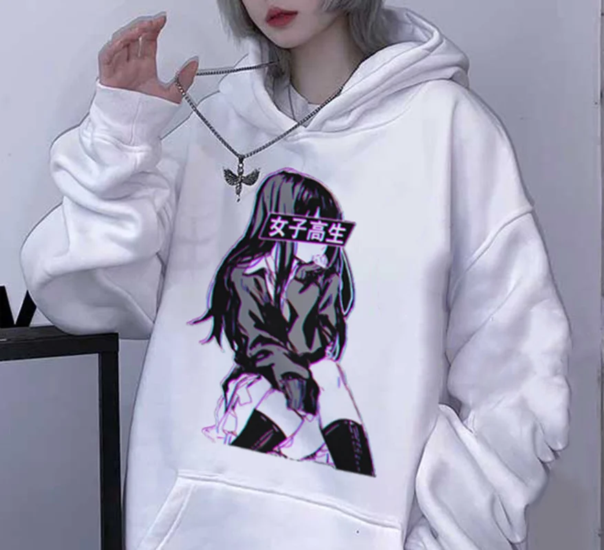 Hoodie Japonų Anime Moksleivė Glitch Liūdna Estetinės Moterų Palaidinukė Harajuku Streetwear Puloveris Hoodie Gotikos Drabužių Viršų