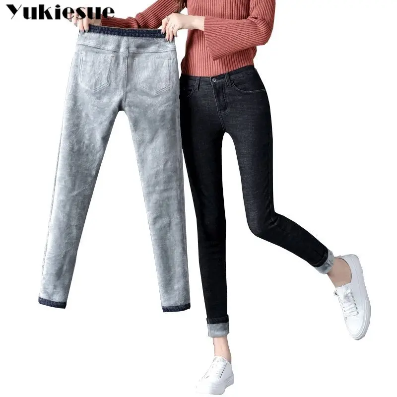2019 žiemą šiltas storas Plius Dydis Džinsai Mama, Moteris, Vaikinas Liesas Džinsus, Džinsinį audinį High Waisted Jean Pieštuko Pants Ladies Streetwear